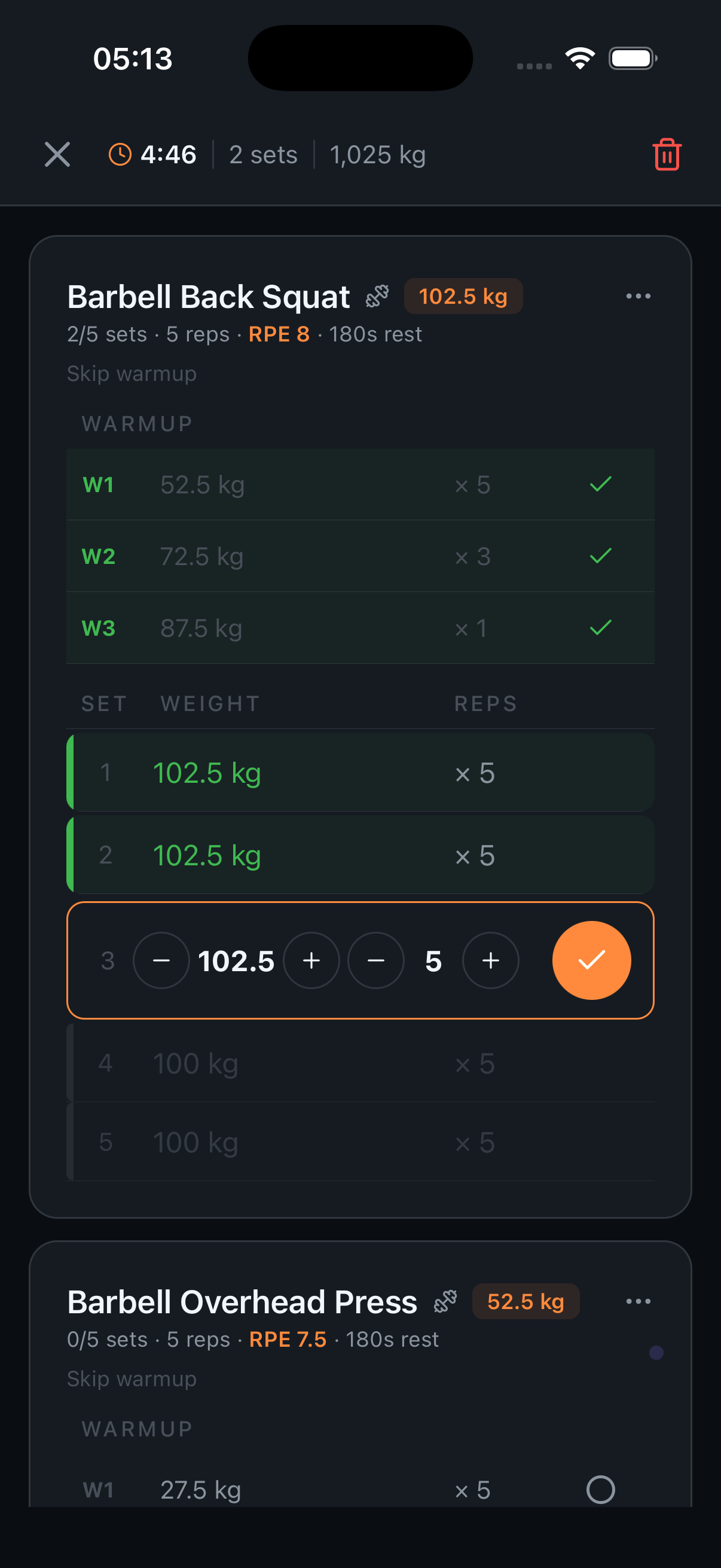 SteelRep app showing an active workout session with Barbell Back Squat, live set tracking, weight and reps input