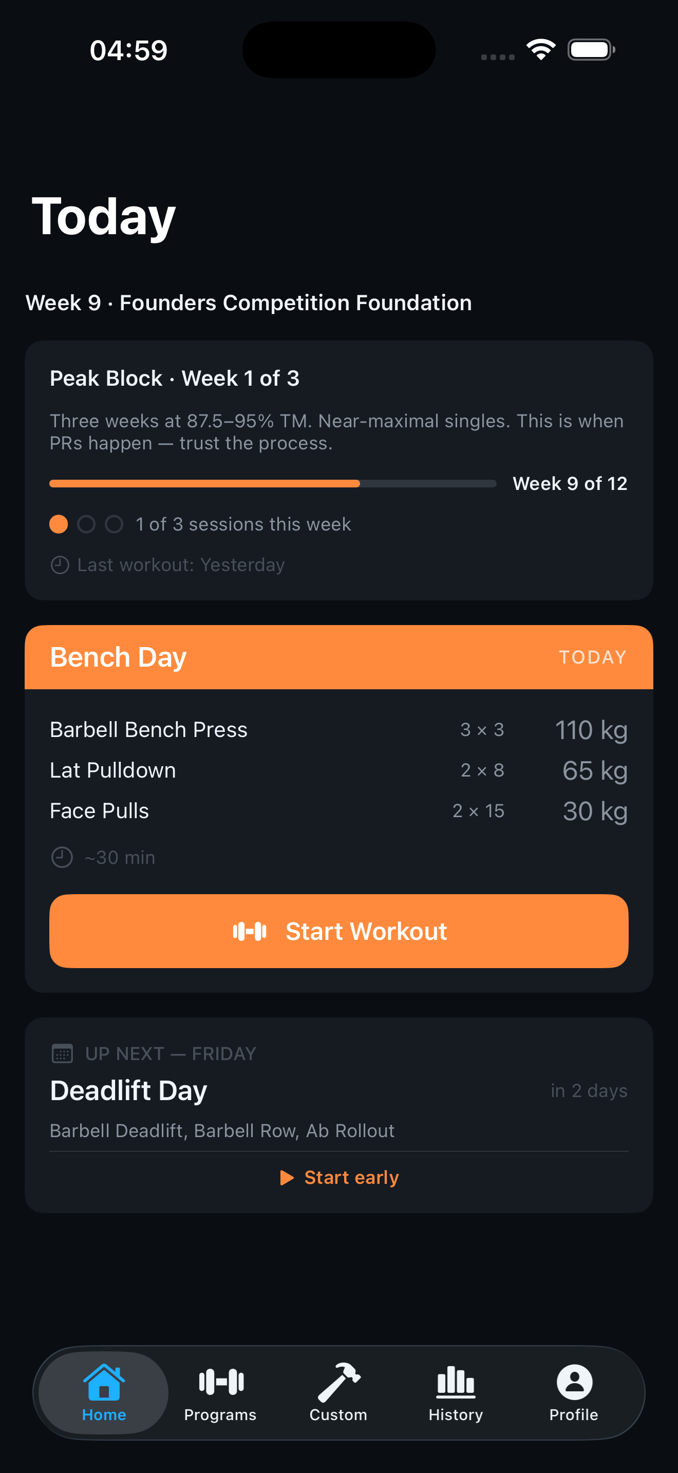 SteelRep Today view — active program block, today's session with prescribed weights and Start Workout button
