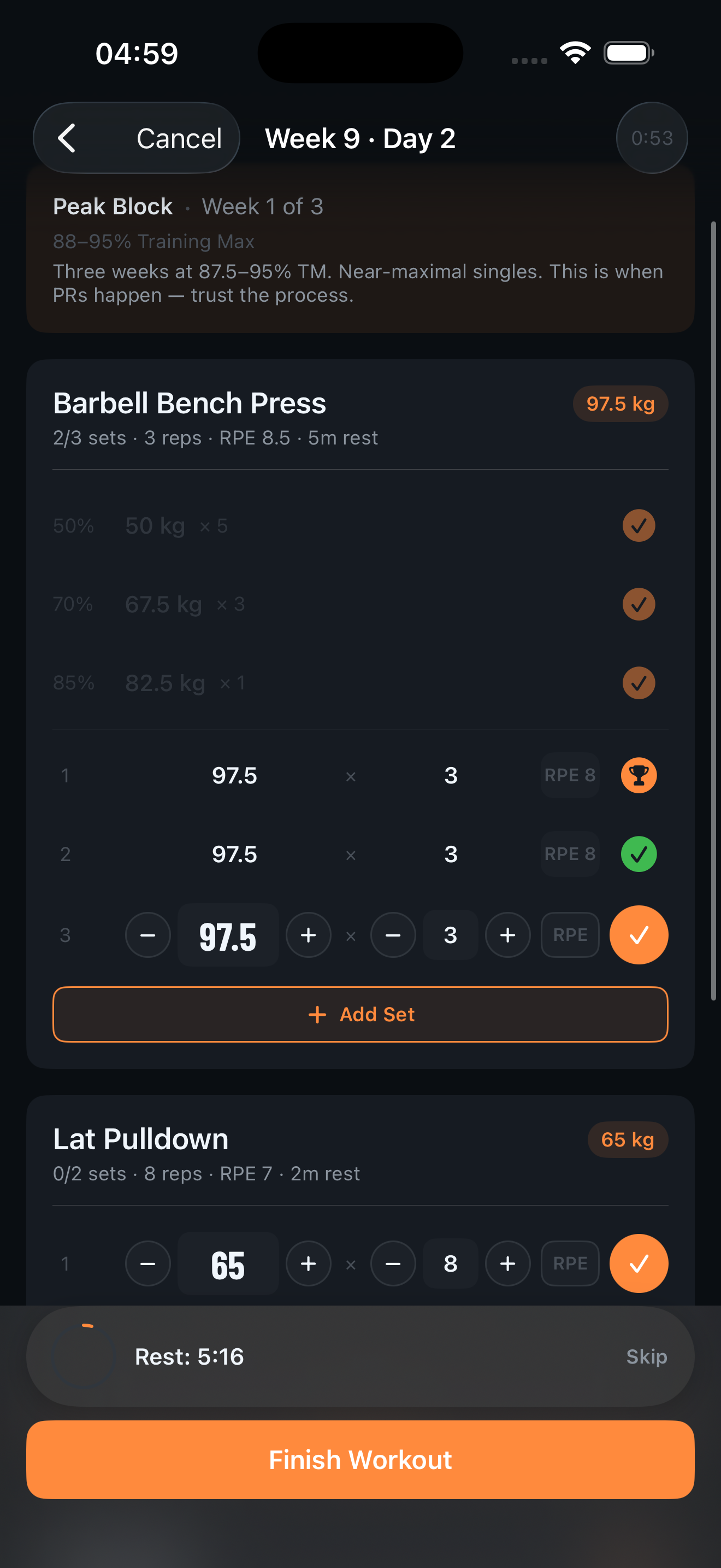 SteelRep active workout — warmup sets checked off, working sets in progress with rest timer running