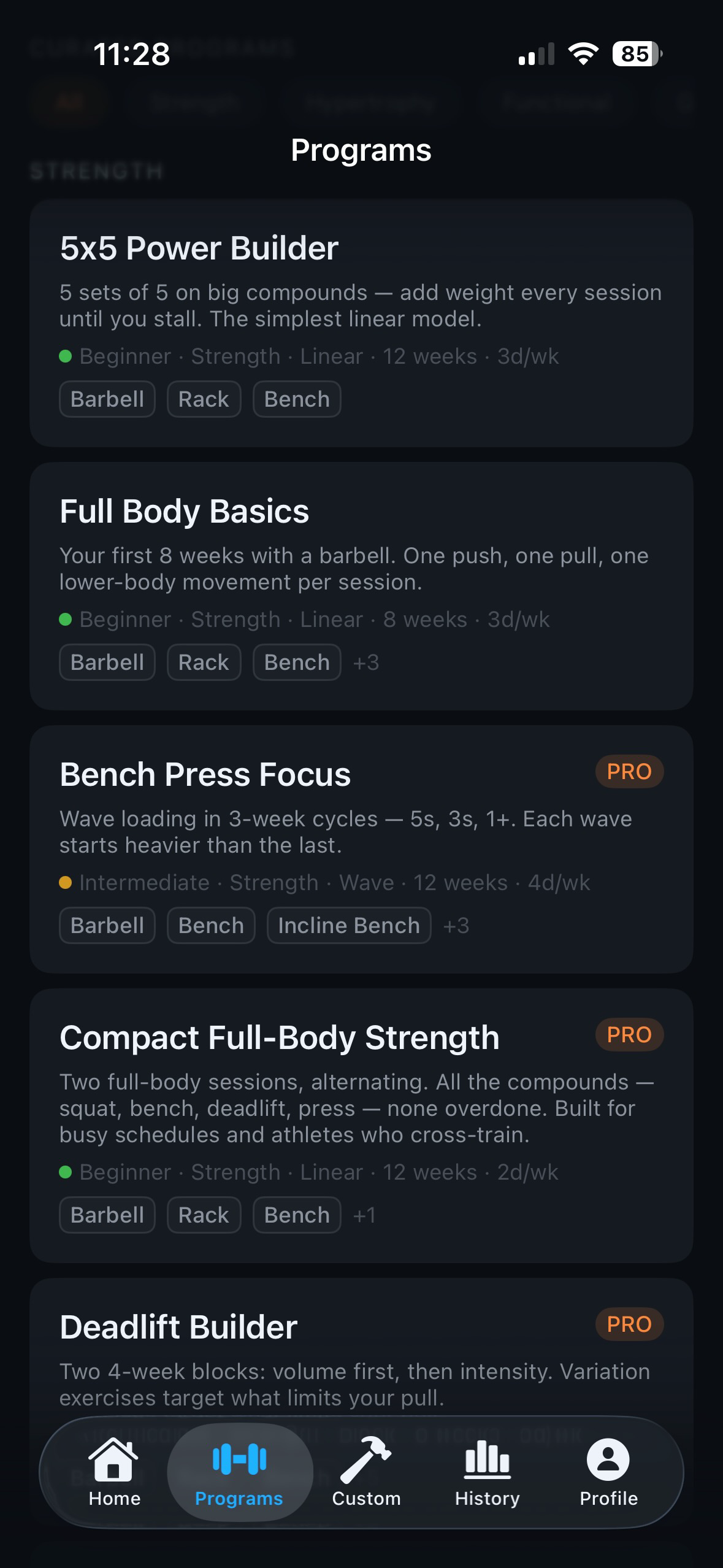 SteelRep Programs library — 22 structured strength programs, 2 free forever