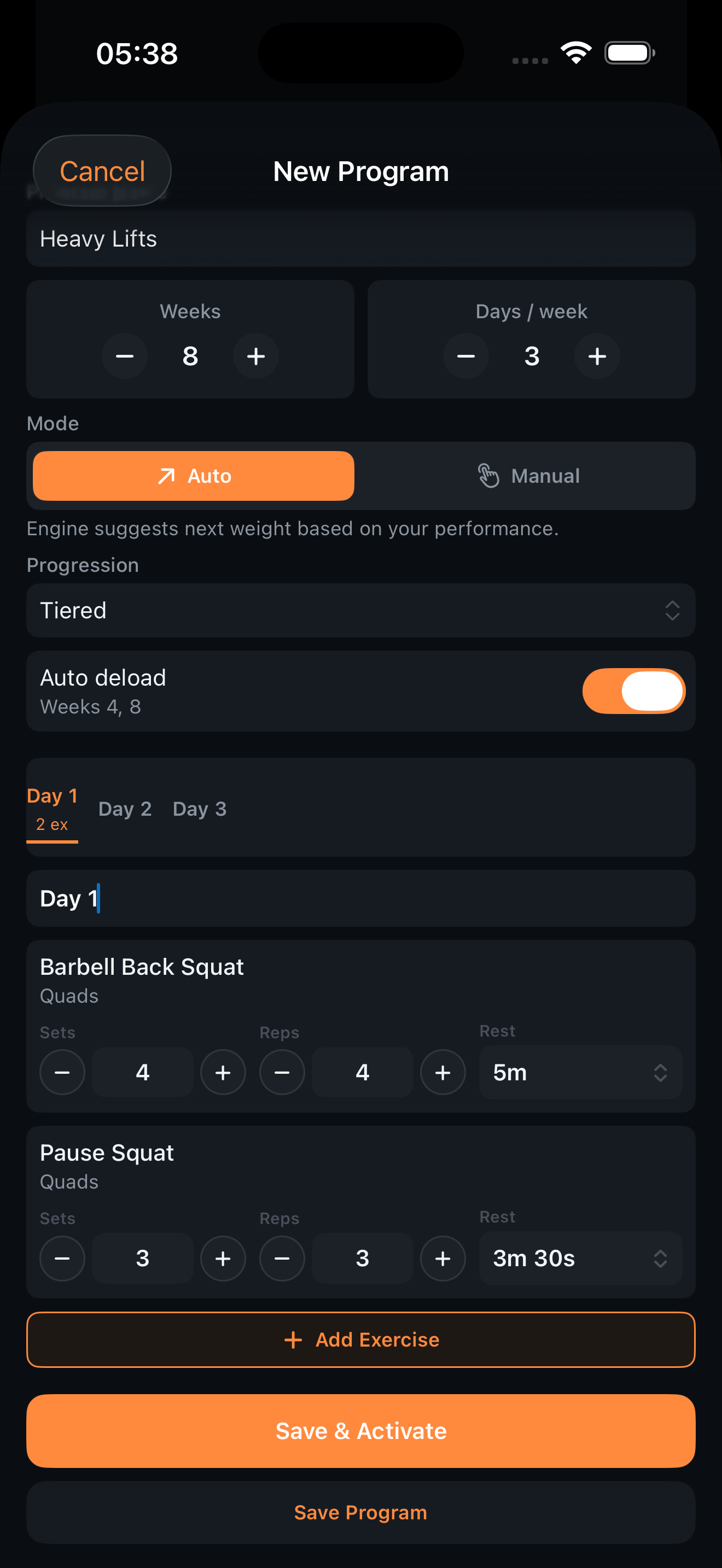 SteelRep custom program builder — set weeks, days, exercises with auto-progression and deload